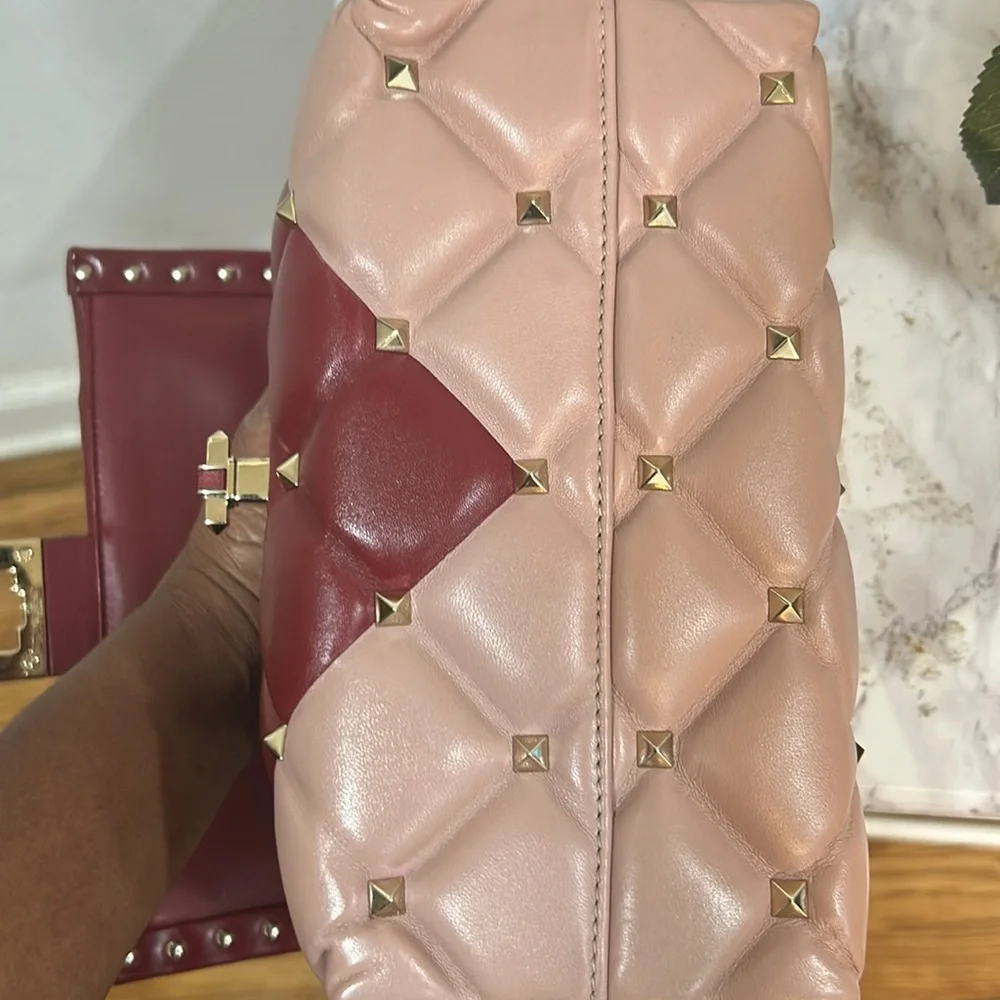 Valentino Garavani Red and Pink Quilted Studded Bag - Picture 10 of 13